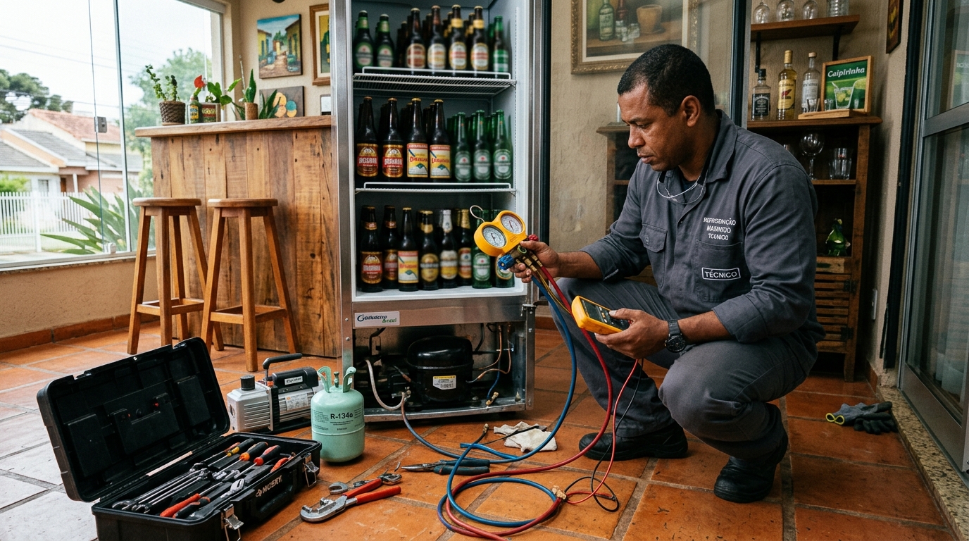 Técnico realizando manutenção de motor de cervejeira em Serra‑ES