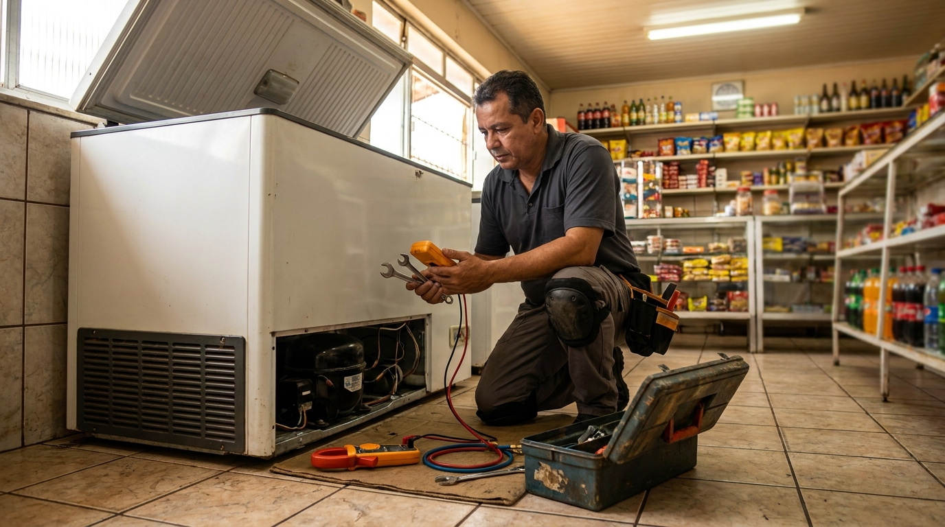 Técnico realizando manutenção de motor de freezer em Serra‑ES