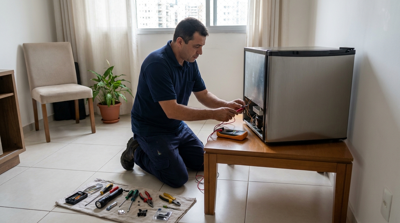 Técnico realizando manutenção de motor de frigobar em Serra‑ES