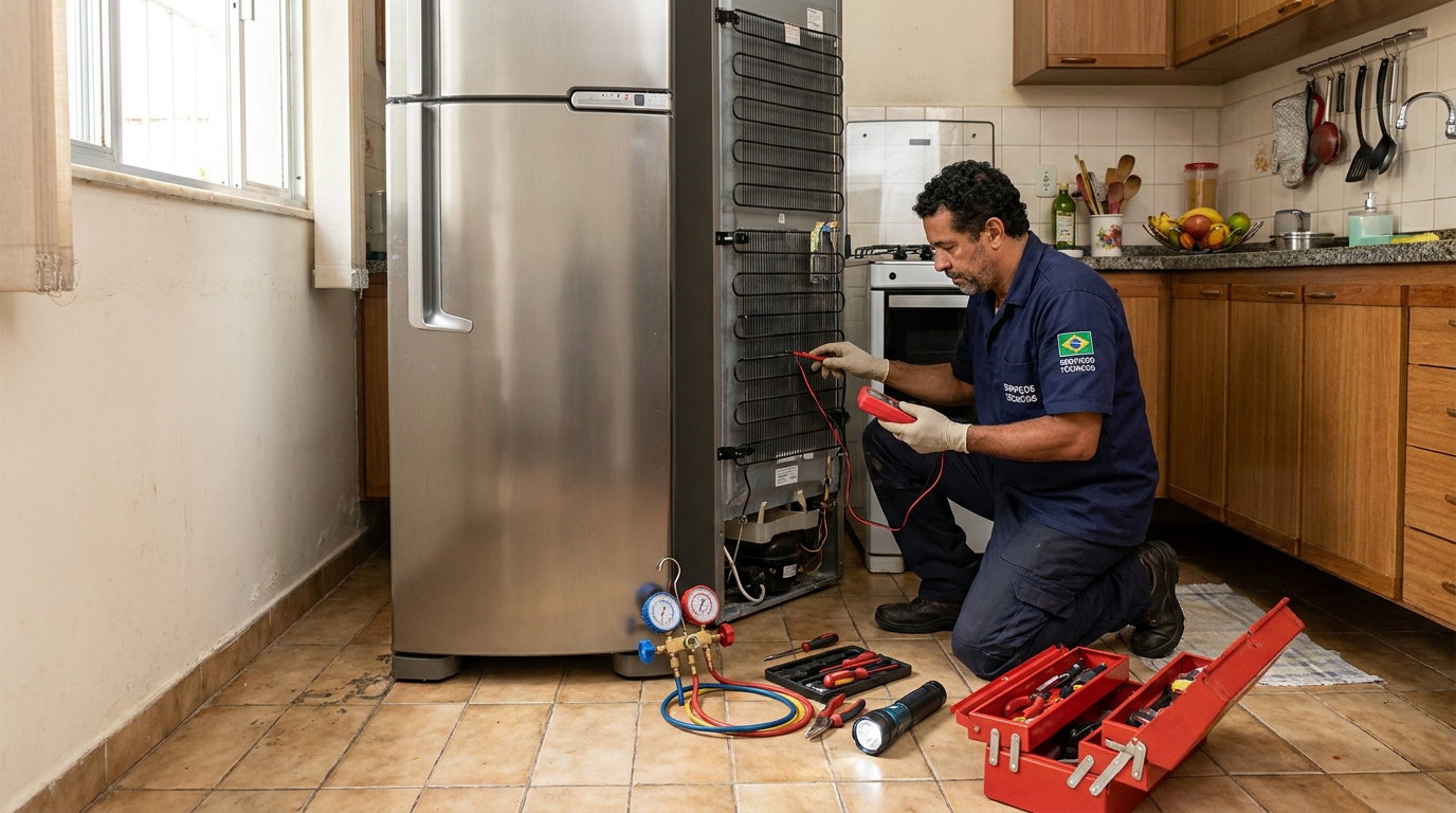 Técnico realizando manutenção de motor de geladeira em Serra‑ES