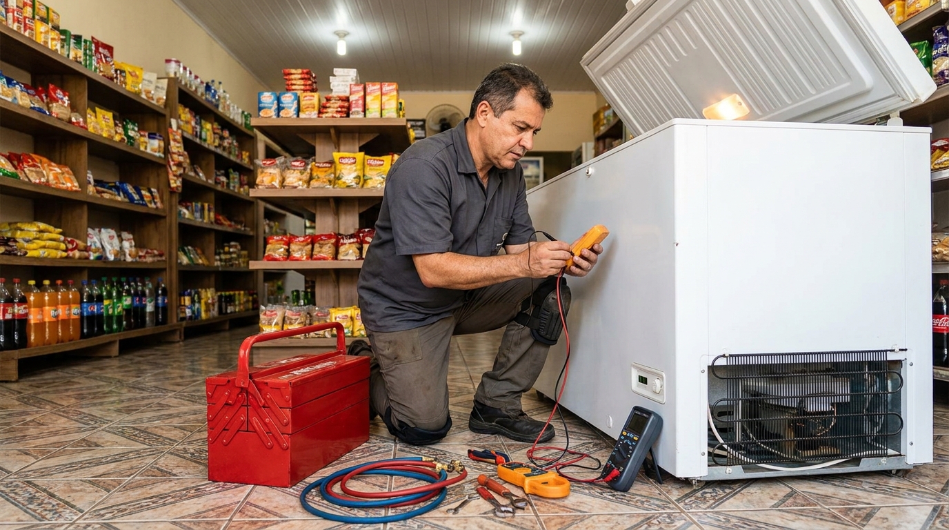 Recarga de gás refrigerante em freezer em atendimento em Serra‑ES