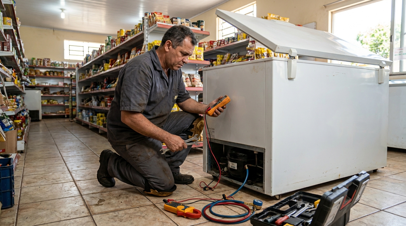 Troca de termostato de freezer em atendimento técnico em Serra‑ES